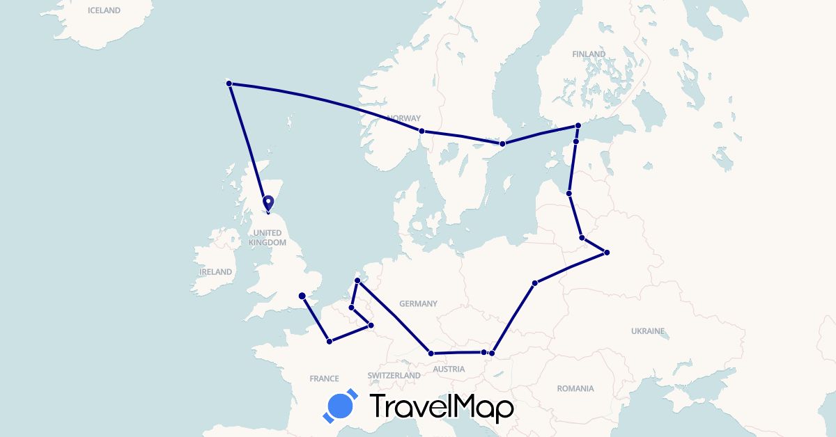 TravelMap itinerary: driving in Austria, Belgium, Belarus, Germany, Estonia, Finland, Faroe Islands, France, United Kingdom, Lithuania, Luxembourg, Latvia, Netherlands, Norway, Poland, Sweden, Slovakia (Europe)